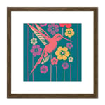 Coral Pink Hummingbird Yellow Purple Red Flowers Painting Square Wooden Framed Wall Art Print Picture 8X8 Inch