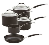 Meyer Non Stick Pots and Pans Set of 5 - Suitable as Induction Hob Pan Set with Toughened Glass Lids & Soft Grip Heat Resistant Handles, Black Cookware Set, 10 Year Guarantee