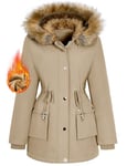 Lonya Women's Winter Faux Fur Hooded Parka Jackets Waterproof Coats Fleece Lined Ladies Long Coat Outerwear Windproof Warm Thicken Sherpa Lining Puffer Jacket, Khaki, M