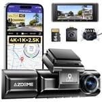 AZDOME 4K 3 Channel Dash Cam, 4K+1080P+2.5K Front and Rear Inside Built-in WiFi GPS, 64GB Card Included, Triple Car Camera with 3.19" Screen, IR Night Vision, WDR, 24H Parking Mode (M550 Max)