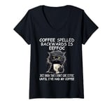 Womens Coffee Spelled Backwards is Eeffoc Sign,Funny Cat Coffee Mug V-Neck T-Shirt