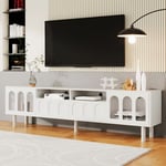 Meuble tv 180 cm, avec 2 portes en verre cintré, 2 tiroirs, étagères, scandinave, charnières en metal, meuble salon tele en bois - Blanc