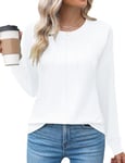 Rapbin Women's Casual Crew Neck T-Shirts Loose Long Sleeve Pleated Summer Tops Tunic Blouses,White,L