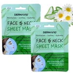 2x FACE AND NECK SHEET MASK WITH ALOE VERA CAMOMILE GREEN TEA DERMA V10