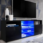 Meuble TV Urbino Komodee - LED bleues - Noir Brillant et Noir - Facades en Brillant - 140 x 53 x 35 cm