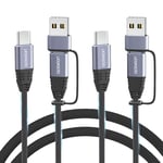 aceyoon 2 en 1 Cable Multi USB C 100W (2M, 2 Pack), 5A PD avec puce E-Mark Cable de Charge Rapide USB C vers USB C (100W)+ USB A (10W) pour iPhone 16 15 14, pour Galaxy S24 S23, pour MacBook