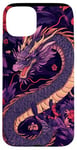 Coque pour iPhone 15 Plus Violet Art Déco Floral Dragon Japonais Samouraï Esthétique