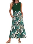 AUSELILY Robe Longue Femme Ete Robe sans Manches Robe de Plage Longue Legere Fluide Maxi Robe Taille Empire avec Poches Feuilles Vertes S