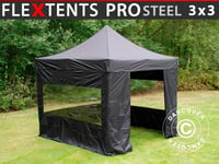 Snabbtält Depåtält Easy-up tält Eventtält Partytält FleXtents PRO Steel 3x3m Svart, inkl. 4 sidor