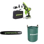 Greenworks 24V 10cm Mini Tronçonneuse Livré avec batterie 2ah et chargeur + Greenworks 10cm Barre de chaîne + Sac à déchets de jardin Greenworks 120 L