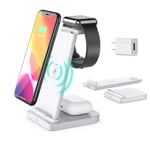 Afurdel Wireless Charging Station 3 in 1 QI Fast Wireless Charger Stand,Compatible for iPhone 12/11/11 Pro Max/XR/XS Max/Xs/X/8/8P, iWatch 6/5/4/3/2 AirPods Pro/Airpods 2(with QC3.0 Adapter) (White)