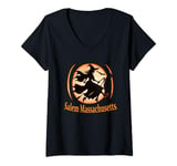 Womens Flying Witches of Salem MA Lit Jack O Lantern on Halloween V-Neck T-Shirt