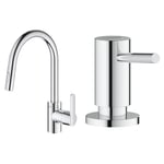 GROHE Robinet de cuisine évier Get, Robinet avec douchette extractible, Bec en forme & Distributeur de savon encastrable, distributeur savon cuisine, distributeur savon liquide capacité de 500ml