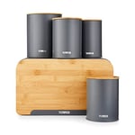 Tower T826140GRY Scandi 5 Piece Bamboo Storage Set with Bread Bin, Biscuit Barrel, Canisters, Grey