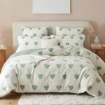 Sedefen Housse de Couette 220x240 Motif du cœur Vert Blanc Peluche Flanelle Hiver Chaude Duveteuse Parure de lit 2 Personnes + 2 Taies d'oreiller 65x65 Filles Adulte Ado Linge de lit