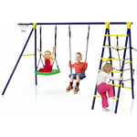 Costway - 5 en 1 Balançoire Enfants Extérieur avec Panier de Basket, Balançoire Nid d'Oiseau Ø66 cm et en u avec Hauteur Réglable, Filet & Echelle