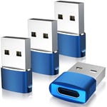 TiMOVO USB to USB C Adapter with LED Light, 4 Pack Type C Female to USB Male Adapter Charger, USB A to C Converter for iPhone 15/16 Pro Max Plus, AirPods, iWatch, iPad, Galaxy, CarPlay, Blue