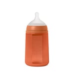 Suavinex, Biberon avec Bouteille en Silicone et Tétine Symétrique SX Pro, Souple et Flexible, avec Valve Anti-colique, Biberon à Debit Moyen (M), pour Bébés +3 Mois. Colour Essence, Orange Sunset