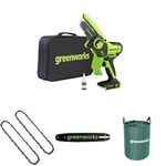 Greenworks 24V Mini Chainsaw 4 Inch (10cm) Cordless Battery Powered Chainsaw Without Battery & Charger+ Chainsaw Chain 2 Pack for 4-Inch (10cm) Bar + Chain bar 2954807 + 120 L Garden Waste Bag