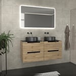 Meuble salle de bains 120cm Chene et noir, Vasques rondes Diam 36cm et Miroir Led 120x70 - omega