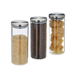 Relaxdays 10028000 Storage Jars Set of 3, 1.5 L, Airtight, Stainless Steel Lids, Food Containers, Pasta, Rice, Glass, Silicone, Transparent Silver