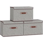 Boîtes de Rangement avec Couvercle Lot de 3, Coffres en Tissu Façon Lin Pliable, Paniers avec Poignées en PU, pour Vêtements, Jouets, Livres, Couvertures, Bureau, Placard, Chambre, Salon, Gris