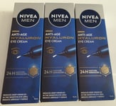 Nivea Men Anti-Age Hyaluron Eye Cream 15ml X3 24h Moisture Reduces Deep Wrinkles