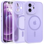 FLLAO Magnétique Coque pour iPhone 12 avec 2 Verre Trempé, Compatible avec MagSafe, Protection d'objectif Tout Compris, Etui Mat Arrière Housse Fine Antichoc Case iPhone 12 6.1", Violet Clair