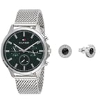 Tommy Hilfiger Montre Analogique Multifunction à Quartz pour Homme avec Bracelet milanais en Acier Inoxydable argenté + Jewelry Clous d'oreilles pour Homme en Acier inoxidable avec Cristaux - 2790379