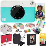 KODAK Printomatic Instant Camera (Blue) All-In-Bundle + Zink Paper (20 Sheets) + Case + Photo Album + 7 Sticker Sets + Markers + Scissors