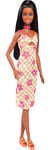 Barbie Fashionistas Doll #233 with Black Hair, Wearing Checkered Orange and Pink Flower Midi Dress with Necklace and Sandals, HYT91