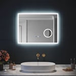 3x loupe Miroir LED Salle de Bain avec éclairage Miroir avec Horloge Numérique Miroir Lumineux Salle de Bain Anti-Buée 80x60cm