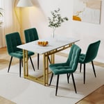 Okwish - Table à manger dorée 120x70 cm avec 4 chaises, ensemble de table à manger de cuisine moderne, chaises de salle à manger en velours vert