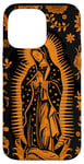 Coque pour iPhone 14 Pro Max Orange Paisley Vierge Marie Guadalupe minimaliste catholique