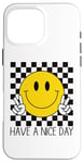 Coque pour iPhone 16 Pro Max Have a Nice Day, sourire rétro des années 70, visage souriant à carreaux