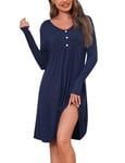 Crewhpo Chemise de Nuit Femme Manches Longues Vêtement de Nuit Coton Col V Robe de Nuit Longues pour Hiver Chemise de Nuit de Couleur Unie Confortable et Doux