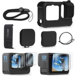 FitStill Silicone Sleeve Case for Go Pro Hero12 /Hero11 /Hero 10 /Hero 9 Black, Battery Side Cover & Lens Caps & Screen Protectors & Lanyard for Go Pro Hero 12/11 /10/9 Black Accessories Kit