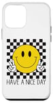 Coque pour iPhone 12 mini Have a Nice Day, sourire rétro des années 70, visage souriant à carreaux