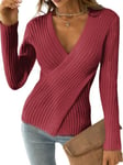 CUPSHE Pull en tricot pour femme, col en V, look portefeuille, manches longues, croisé, tricot fin, haut cache-cœur, pull en tricot, bordeaux, S