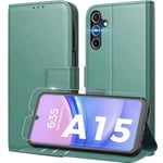 Peakally Coque pour Samsung Galaxy A15 5G/4G [ Verre Trempé Protection *1 ] [ Blocage du Signal RFID ] [ Premium PU ] [ Pochette de Portefeuille ] Etui à Rabat pour Samsung A15 5G/4G,Vert