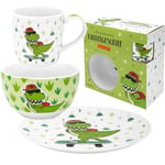 GRUSS & CO 48843 Set de vaisselle motif dinosaure, avec 1 tasse, 1 assiette et 1 bol, en porcelaine, cadeau, rentrée scolaire, maternelle, anniversaire d'enfant