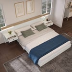 Lit Double en Bois avec 2 Tables de chevet, bande led et chargement usb, Blanc - 160x200 cm, Sans matelas