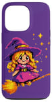 Coque pour iPhone 13 Pro Pixelated Petite sorcière violette sur un balai pour enfants