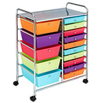 COSTWAY Chariot de Rangement à Roulette 15 Tiroirs en PP, Tour avec Tablette, Cadre en Métal, Desserte Meuble pour Cuisine, École, 62,5x37x87cm(Multicolore)