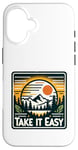 Coque pour iPhone 16 Take It Easy Hiker Outdoor Relax Montagnes Sunset Graphic