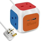 EXTRASTAR 4 Way Cube Extension Lead 1.5M, Power Cube Usb C 3120W, Cube Plug Extension with 2 Usb Ports(5V/3.4A) for Home Office Dorm and Travel - White Colorful