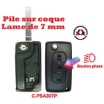 Adnauto - PSA307P - Coque de cle electronique et lame 7mm Citroen-Peugeot - 3 Boutons - Bouton phare - Pile sur Coque