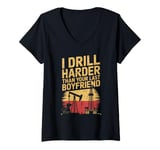 Womens Drill Harder Oil Drilling Roughneck Oil Rig Worker Oilfield V-Neck T-Shirt