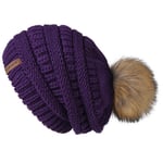 (Tumman violetti) Naisten talvipipo Neulottu Pompom-hattu Slouchy Beanie Skullies samettivuori Naisten lämmin pehmeä hattu korealainen punainen lippalakki