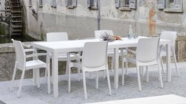 Dmora - Table d'extérieur Roma, Etagère à manger rectangulaire extensible, Table de jardin extensible effet rotin, 100% Made in Italy, 150/220x90h72 cm, Blanc